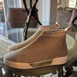 New $170 Michael Kors Sparkling Gold High-Tops Stretch Sneaker Shoes sz 9